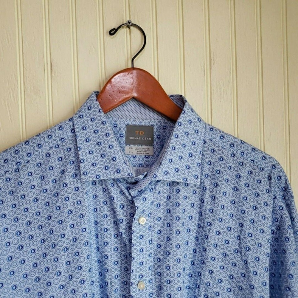 Thomas Dean Dress Shirt Mens 2XL Blue Geometric 100% Cotton Long Sleeve‎ Woven